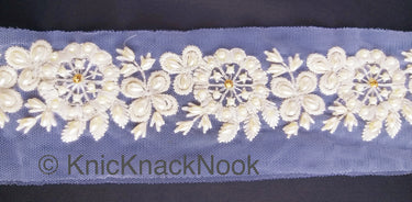 White Pearl And Rhinestones Beads Net Lace Trim, Floral Trim, One Yard